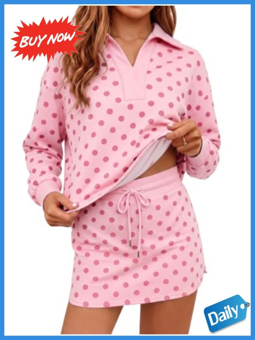 Women's Polka Dot 2 Piece Skirt Set Long Sleeve Sweatshirt & Skort Lounge Set